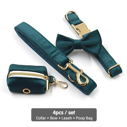 Vintage Emerald Green Dog Harness Personalized Thick Velvet Luxury Dog Collar with Leash Poop Bags Adjustable Bowtie Dog Collar