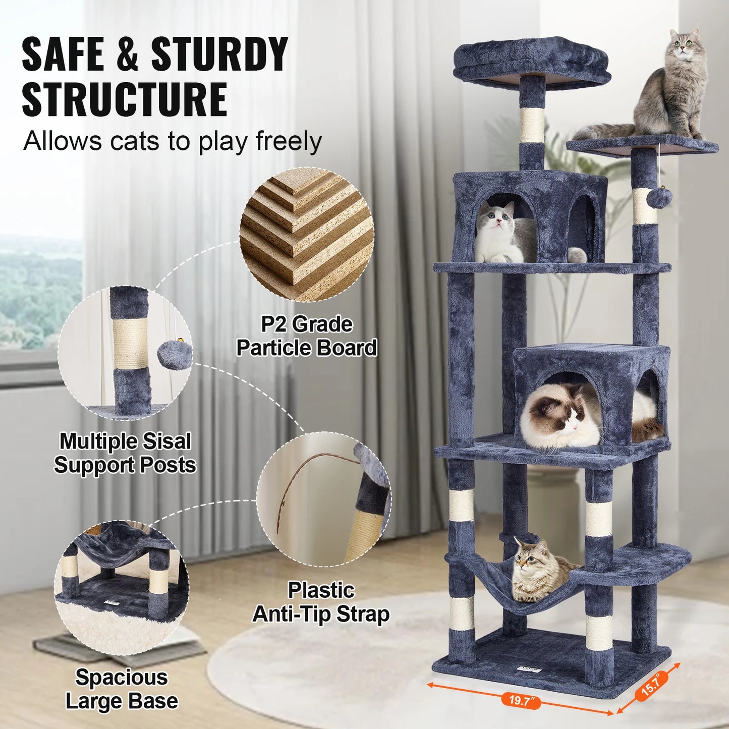 Toy: VEVOR Cat Tree for Indoor Cats  63" Cat Tower with 2 Cat Condos  Sisal Scratching Post   Large Cat Furniture Activity Center