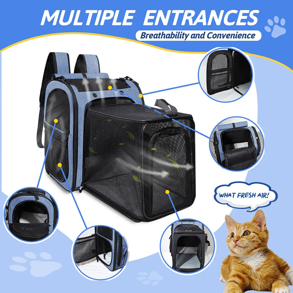 Pet Backpack Expandable Foldable Cat Carrier for Small Medium Dog and Cat Transport Dog Bag Large Space Pets Carrier with Zipper