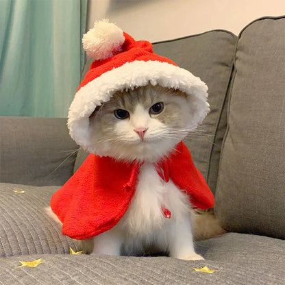 Funny Cat Christmas Costume Santa Cosplay Pet Christmas Cape Dress Up Clothes Warm Red Scarf Cloak With Hat Pet Accessories