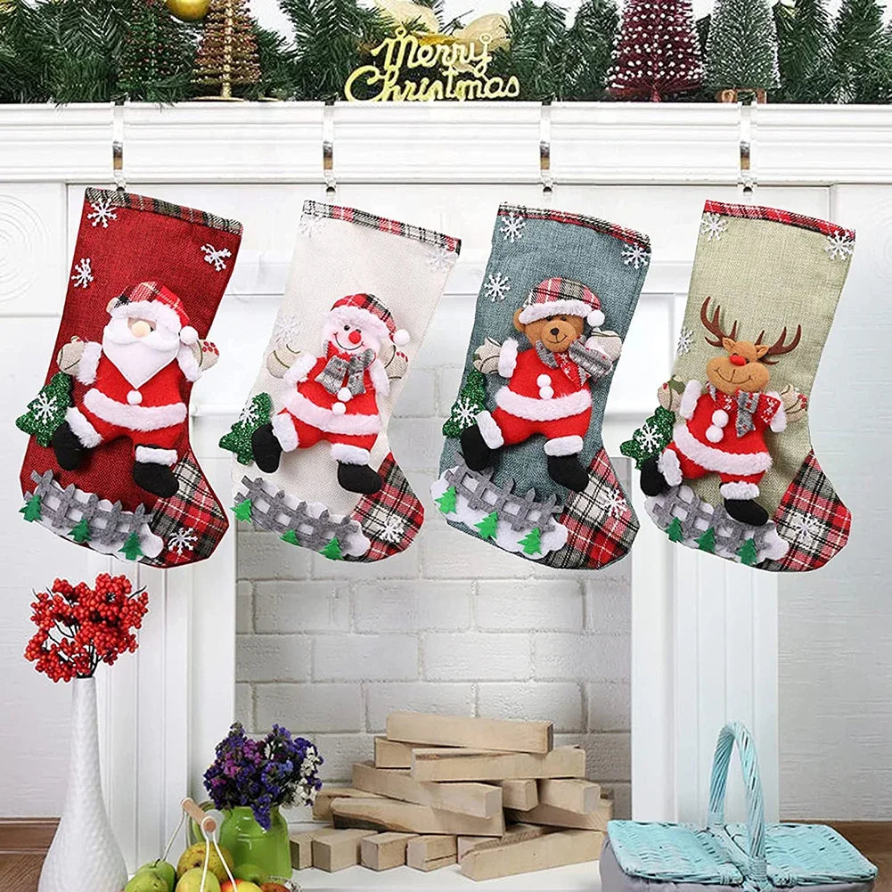 4Pcs Christmas Stockings Set Large Capacity Christmas Ornament Sock Plush Santa Claus/Snowman/Bear/Elk for Home Classroom Party