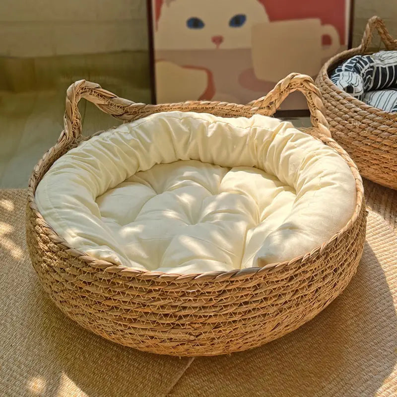 Bed: OUZEY Rattan Weaving Cat Basket Pet Cat Bed With Cushion Soft Warm Puppy Kitten Bed Donut Round Comfortable Sleeping Cat House