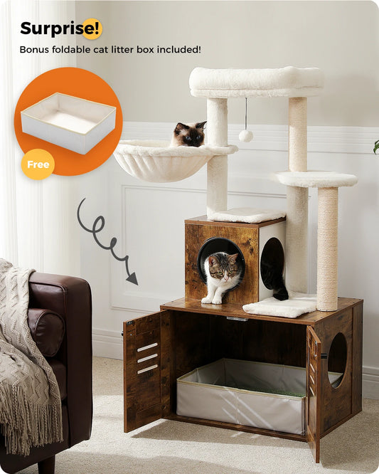 Toy: Multi-Level Cat Tower with Foldable Cat Litter Box Wood Cat Tree with Condo Scratching Post Kitten Bed Cat Accessories Cat Toys