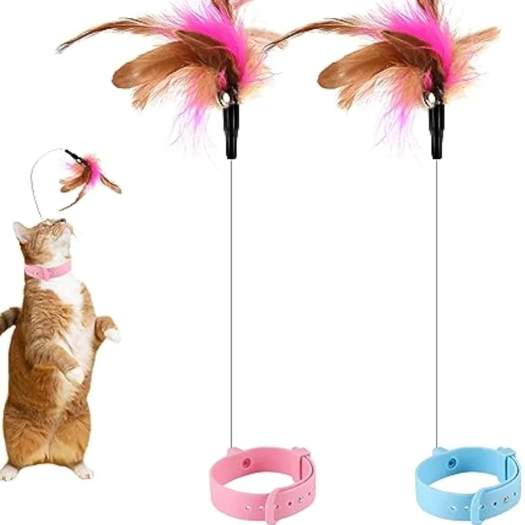 Cat Collar Toy Attached, Silicone Cat Teasing Wand Adjustable Cat Feather Collar Toys with Bell Cat Interactive Teaser Toys