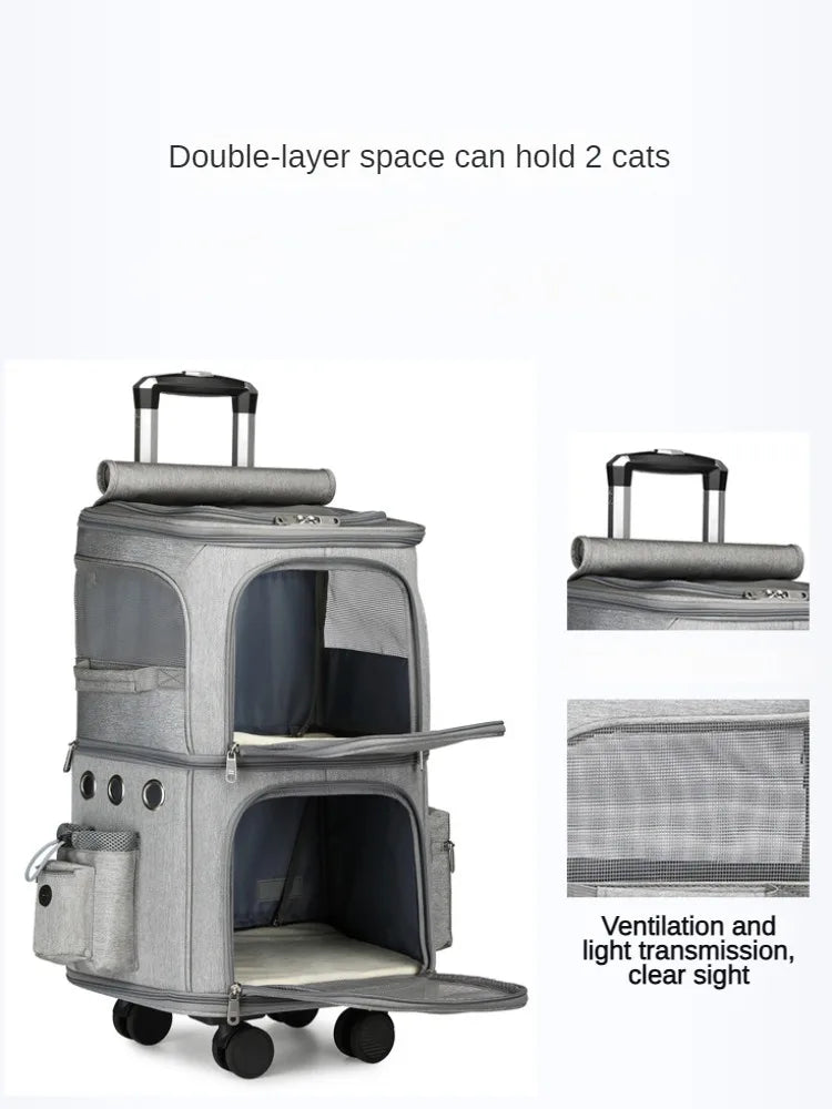 Double-layer Trolley Bag Pet Portable Outdoor Travel Silent Universal Wheel Breathable Cat Bag Dog Stroller Cats Carriers