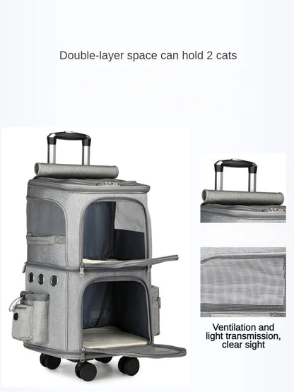 Double-layer Trolley Bag Pet Portable Outdoor Travel Silent Universal Wheel Breathable Cat Bag Dog Stroller Cats Carriers