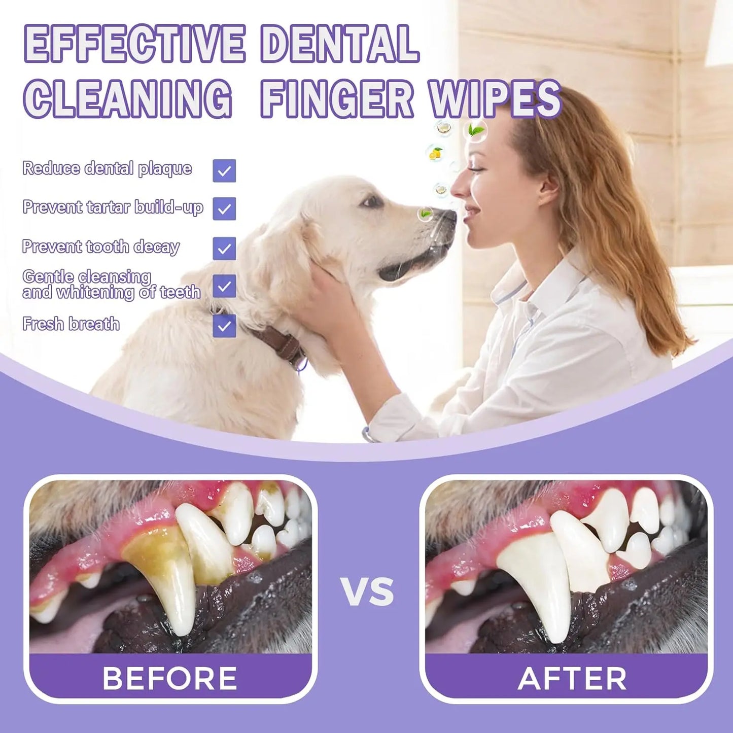 Pet Teeth Cleaning Dental Finger Wipes for Dogs & Cats, Reduces Plaque & Freshens Breath No-Rinse Dog Teeth Care Finger Wipes, E