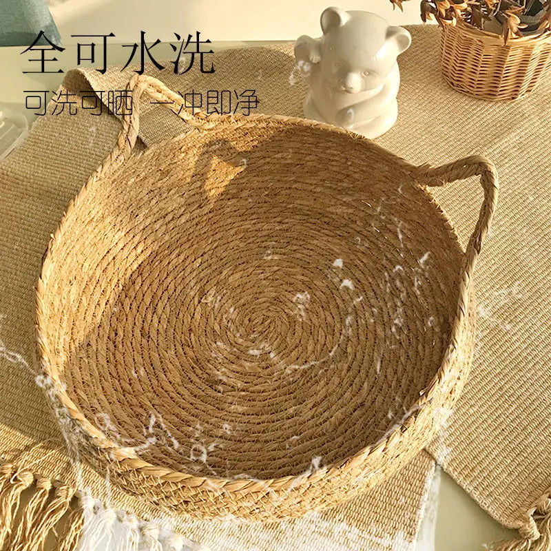 Bed: OUZEY Rattan Weaving Cat Basket Pet Cat Bed With Cushion Soft Warm Puppy Kitten Bed Donut Round Comfortable Sleeping Cat House