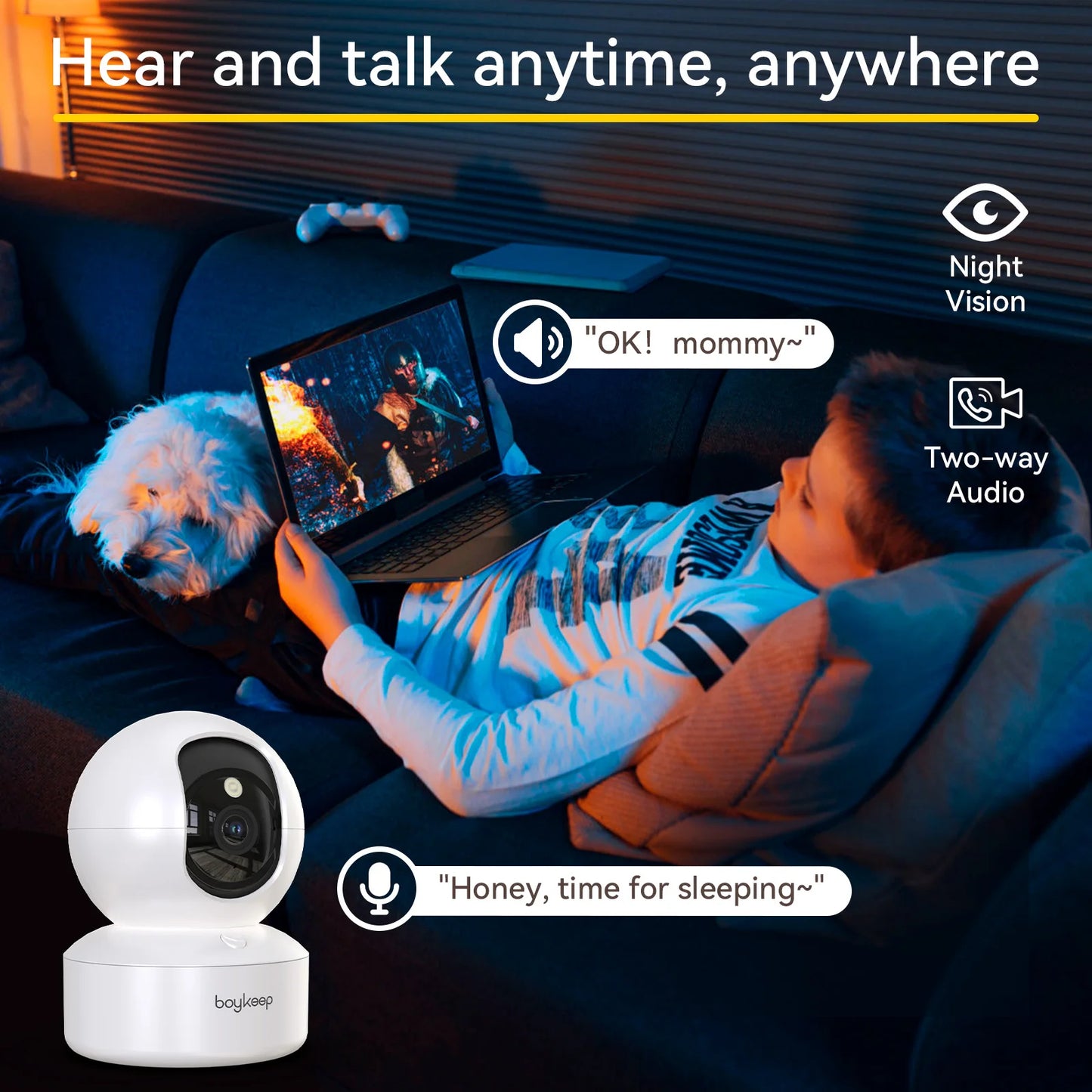 Boykeep 2K Pet Dog Camera with Phone App, 5G/2.4GHz WiFi Indoor Security Baby Camera, 360° Pan & Tilt, 2-Way Audio, Night Vision