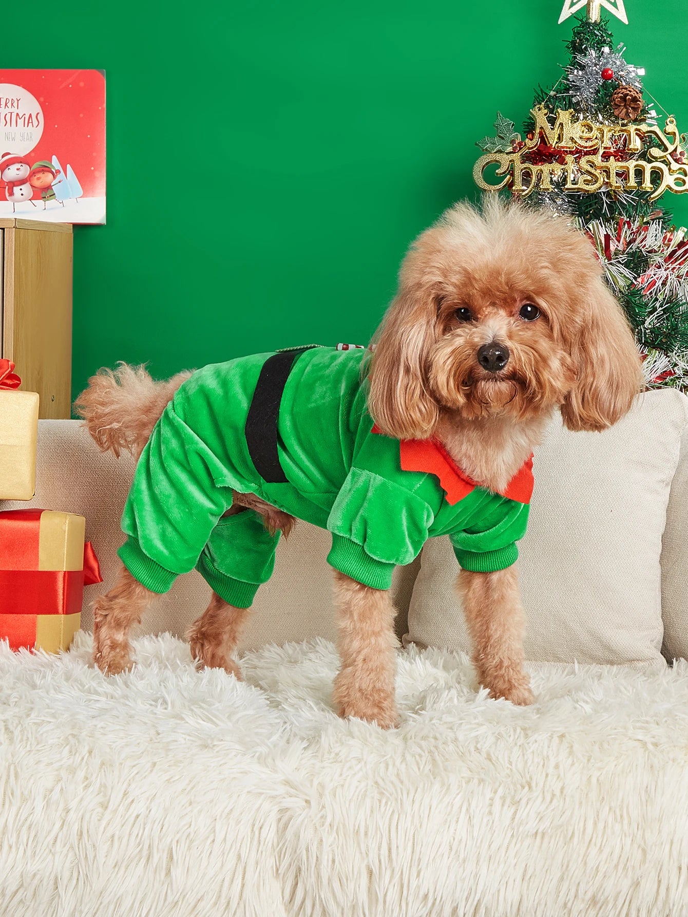 Dog Spirit Cosplay Jumpsuit  Soft Warm  Dog Clothes with Candy Cane  Dog Pajamas Costumes Puppy Dog Cat Apparel  Xmas Cos Party