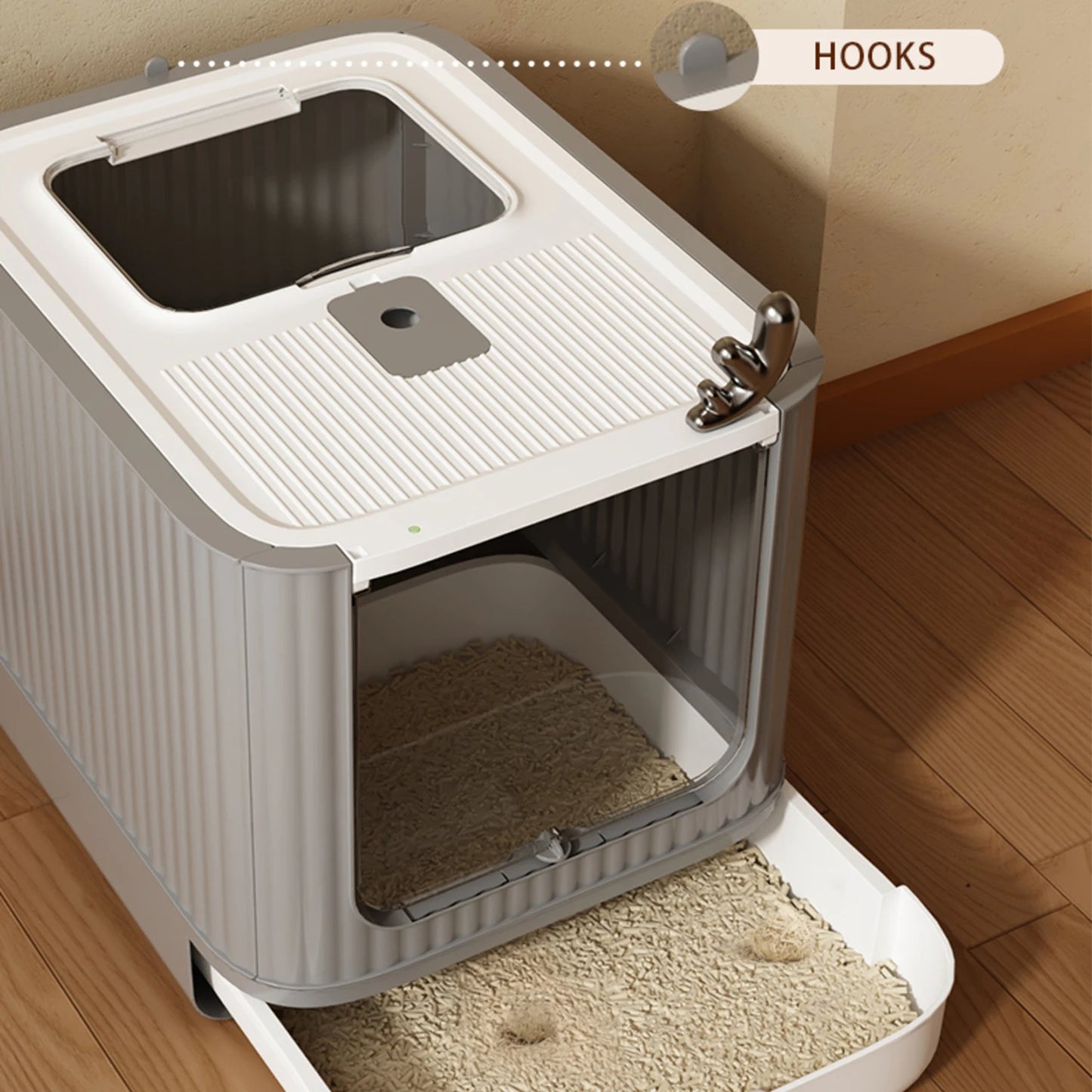 Folding Fully Enclosed Litter Pan with Lid Cat Ear & Antler 2-in-1 UV Deodorizing Light Top Exit Drawer Large Cat Litter Pan