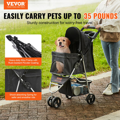 VEVOR 35lbs 3 Wheels Dog Stroller Rotate Black Pet Puppy Stroller with Front Pedal Storage Basket Cup Holder for Dogs Cat Travel