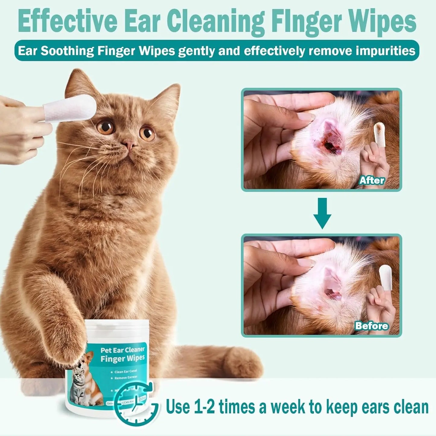 Pet Ear Wipes, Ear Cleaner Finger Wipes for Cats and Dogs, Soft & Easy Otic Cleaning Pads, Pet Supplies for Regular Soothing Odo