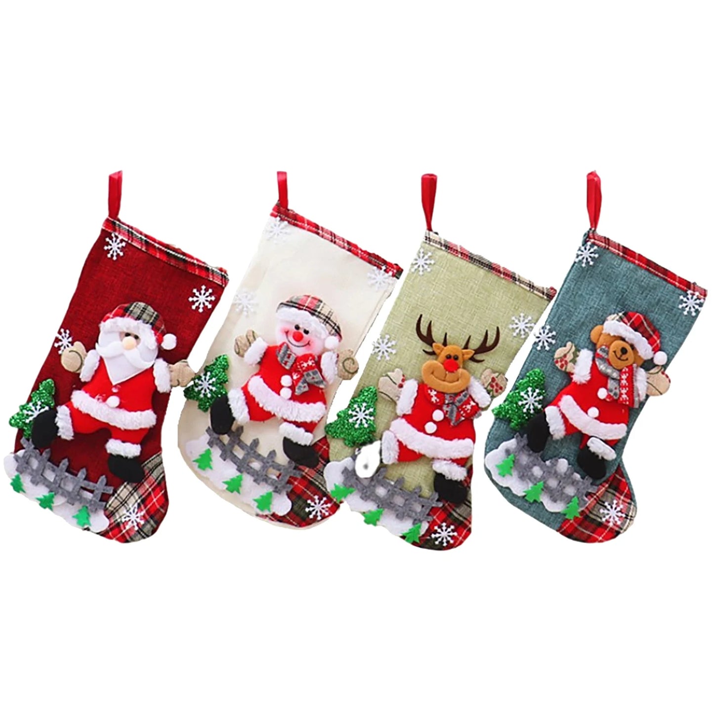 4Pcs Christmas Stockings Set Large Capacity Christmas Ornament Sock Plush Santa Claus/Snowman/Bear/Elk for Home Classroom Party