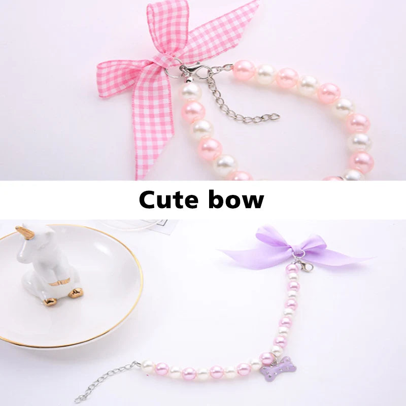 Pet Dog Pearl Necklace Cute Multiple Colour Bow Buckle Collar Suitable For Pets Clothing Decoration Cat Dogs Accessories