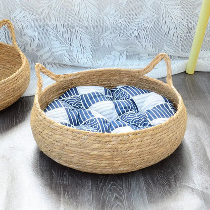 Bed: OUZEY Rattan Weaving Cat Basket Pet Cat Bed With Cushion Soft Warm Puppy Kitten Bed Donut Round Comfortable Sleeping Cat House