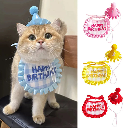 Cat Bibs Pet Birthday Party Supplies Dog Birthday Scarf Hat Set Cute Props Burp Cloth Cap Puppy Saliva Towel Dog Accessories