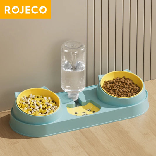 ROJECO 3 In 1 Pet Bowls with Water Dispenser Automatic Water Refill Dual Feeding Bowls Dry Wet Separation Food Bowls Cat Dog Sup