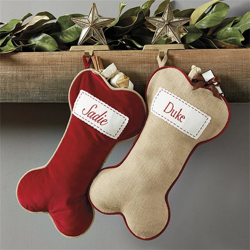 Clothes: Bone Shape Dog Christmas Stocking Pet Candy Bags Merry Christmas Decorations Stockings For Home Xmas Navidad New Year Gifts