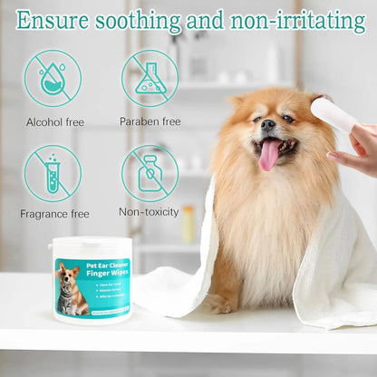 Pet Ear Wipes, Ear Cleaner Finger Wipes for Cats and Dogs, Soft & Easy Otic Cleaning Pads, Pet Supplies for Regular Soothing Odo