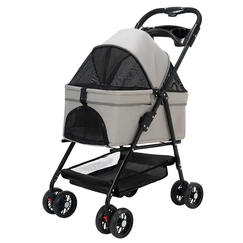 Folding Pet Stroller, 4 Wheels, Removable Travel Carrier for Small and Medium Pet, Waterproof Pad, Sun Shade, Dog, Cat