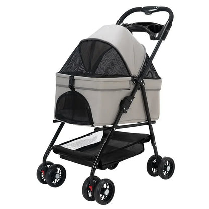 Folding Pet Stroller, 4 Wheels, Removable Travel Carrier for Small and Medium Pet, Waterproof Pad, Sun Shade, Dog, Cat