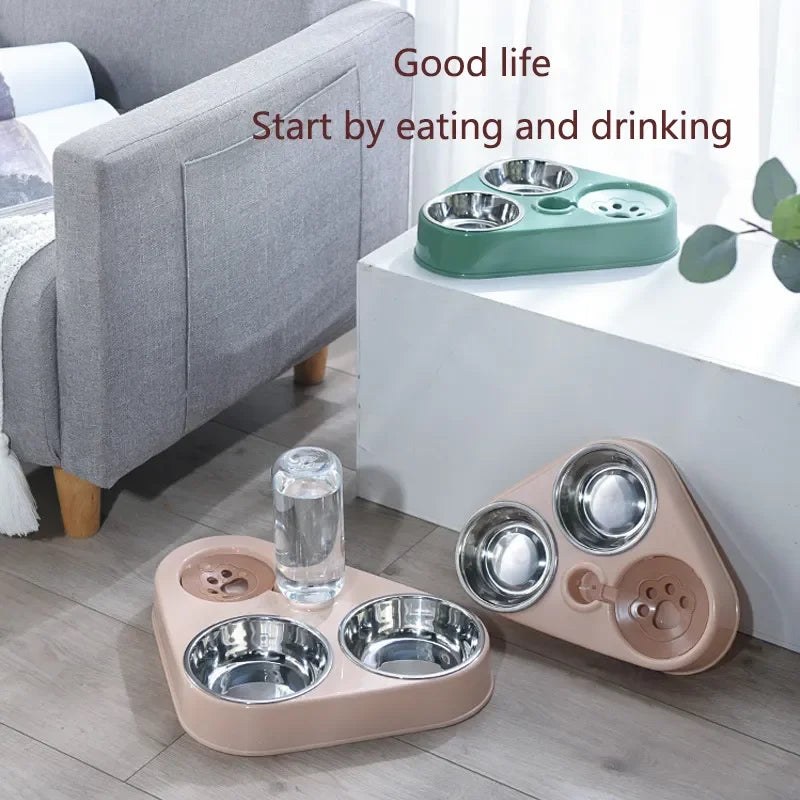 Dog And Cat Self-service Feeder Anti-knock Double Bowl Water Bottle Pet Supplies Stainless Steel Feeder Cat Drinking Fountain