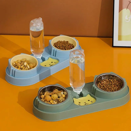 Double Dog Cat Bowls with Water Dispenser Tilted Cat Food Dishes for Indoor Pet Easily Detached Wet and Dry Food Bowl Set