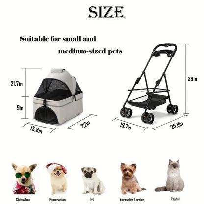 Folding Pet Stroller, 4 Wheels, Removable Travel Carrier for Small and Medium Pet, Waterproof Pad, Sun Shade, Dog, Cat