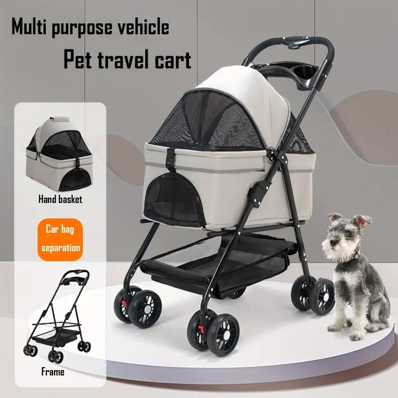 Folding Pet Stroller, 4 Wheels, Removable Travel Carrier for Small and Medium Pet, Waterproof Pad, Sun Shade, Dog, Cat