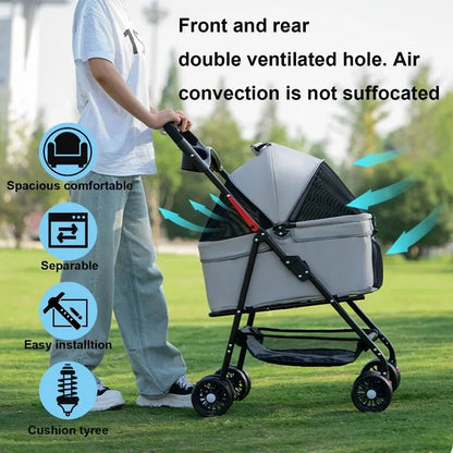 Folding Pet Stroller, 4 Wheels, Removable Travel Carrier for Small and Medium Pet, Waterproof Pad, Sun Shade, Dog, Cat