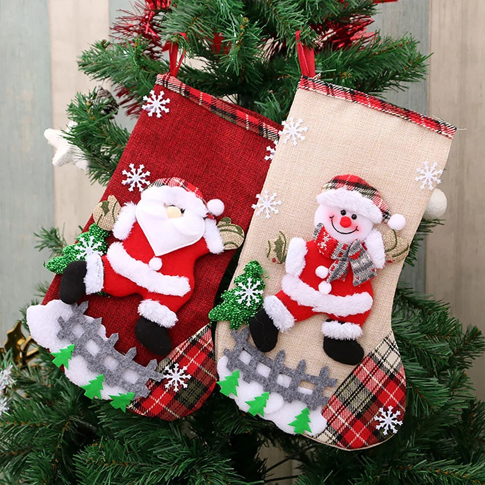 4Pcs Christmas Stockings Set Large Capacity Christmas Ornament Sock Plush Santa Claus/Snowman/Bear/Elk for Home Classroom Party