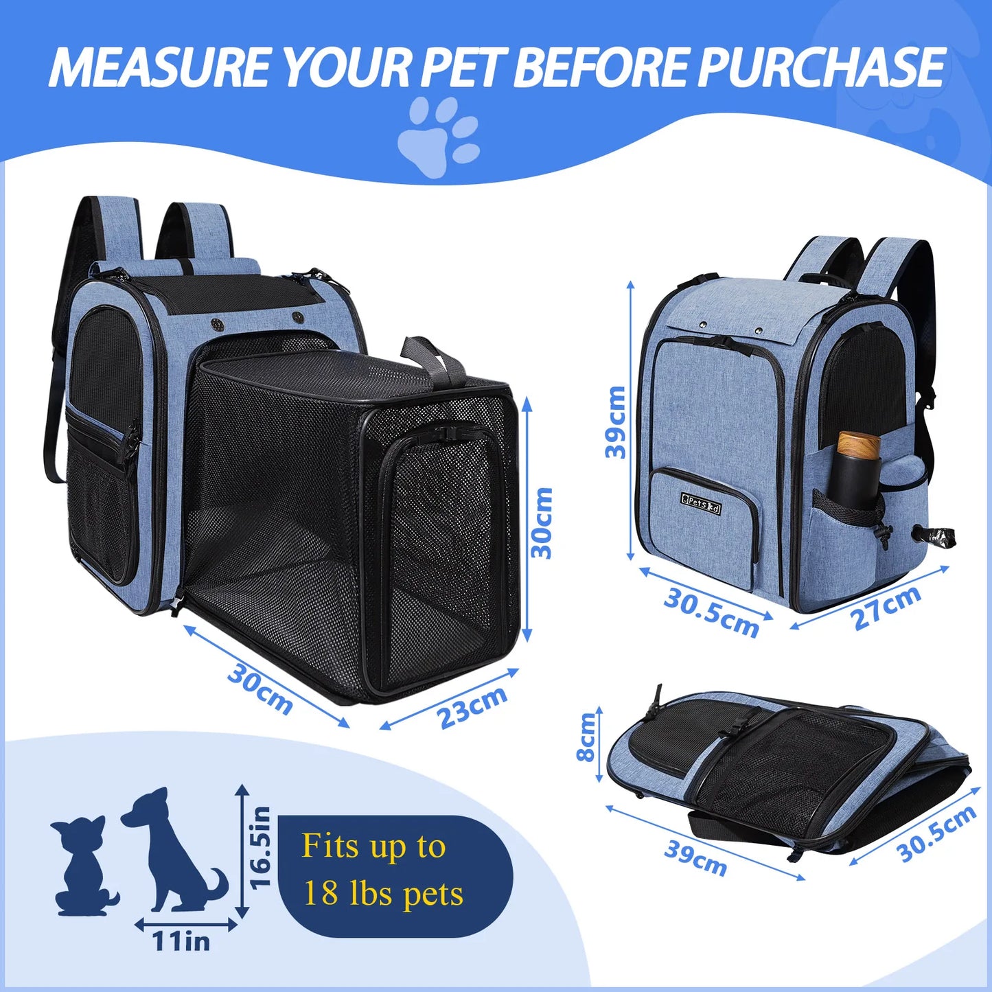 Pet Backpack Expandable Foldable Cat Carrier for Small Medium Dog and Cat Transport Dog Bag Large Space Pets Carrier with Zipper