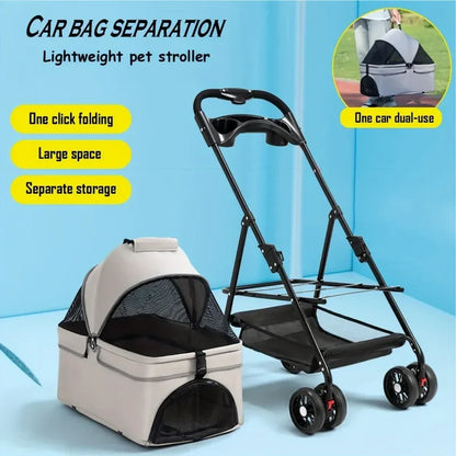 Folding Pet Stroller, 4 Wheels, Removable Travel Carrier for Small and Medium Pet, Waterproof Pad, Sun Shade, Dog, Cat