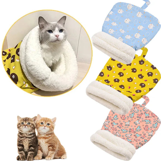 Bed: Cat Sleeping Bag Soft Cuddly Fluffy Feel Thickened Pet Pocket Type Quilt Bed Kitten Puppy Soft Comfortable Nest Pet Supplies