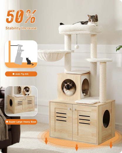 Toy: Multi-Level Cat Tower with Foldable Cat Litter Box Wood Cat Tree with Condo Scratching Post Kitten Bed Cat Accessories Cat Toys