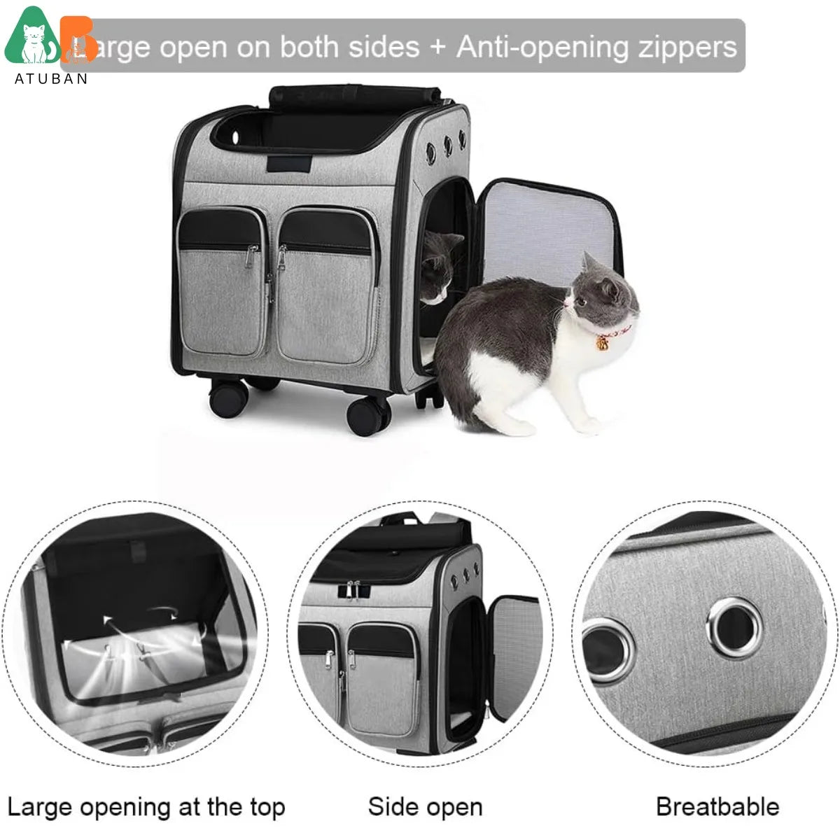 ATUBAN Wheeled Pet Carrier Backpack Pet Stroller, Travel Carrier, Car Seat for Small Dogs Cats Puppies, Comfort Cat Backpack