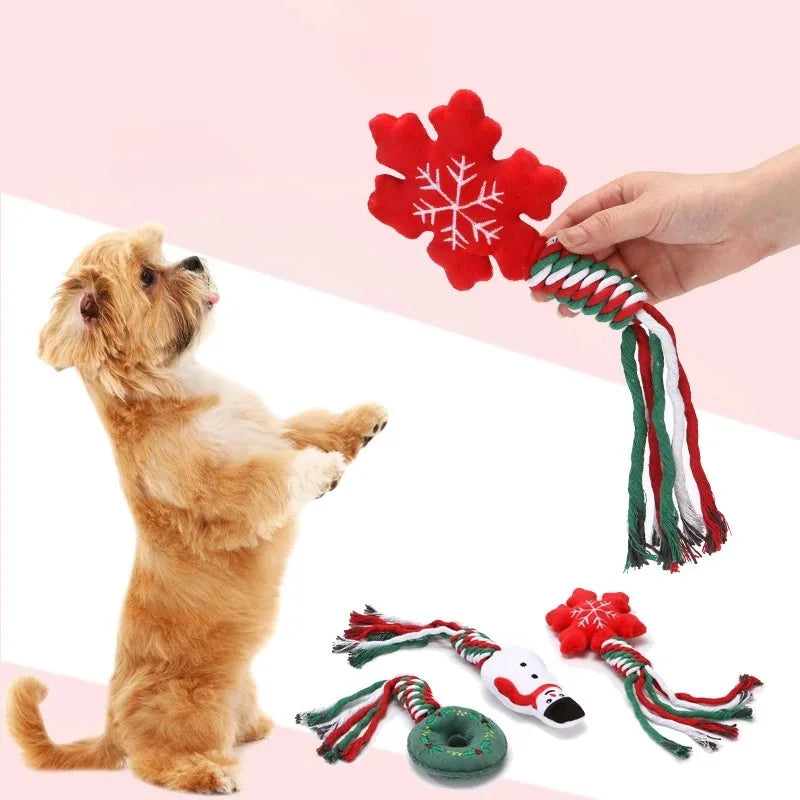 Christmas Dog Squeakey Chew Toys Cotton Ropes Knot Molar Bite Toy Funny Cute Puppies Cat Interactive Toy Xmas Gift Pets Supplies