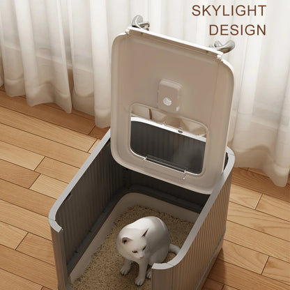 Folding Fully Enclosed Litter Pan with Lid Cat Ear & Antler 2-in-1 UV Deodorizing Light Top Exit Drawer Large Cat Litter Pan