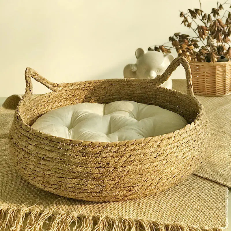 Bed: OUZEY Rattan Weaving Cat Basket Pet Cat Bed With Cushion Soft Warm Puppy Kitten Bed Donut Round Comfortable Sleeping Cat House