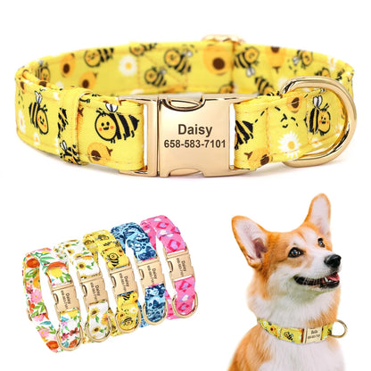 Personalized Nylon Dog Collar Flower Bee Printed Puppy Collars Free Custom Pet ID Necklace Collars For Small Large Dog Chihuahua