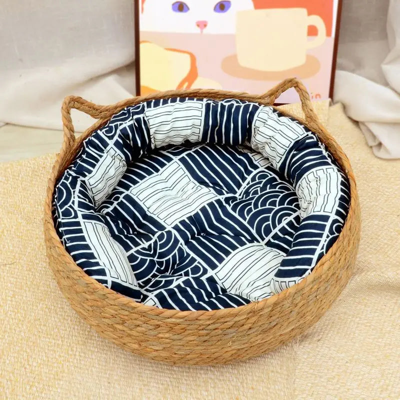 Bed: OUZEY Rattan Weaving Cat Basket Pet Cat Bed With Cushion Soft Warm Puppy Kitten Bed Donut Round Comfortable Sleeping Cat House