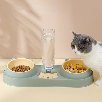 Double Dog Cat Bowls with Water Dispenser Tilted Cat Food Dishes for Indoor Pet Easily Detached Wet and Dry Food Bowl Set