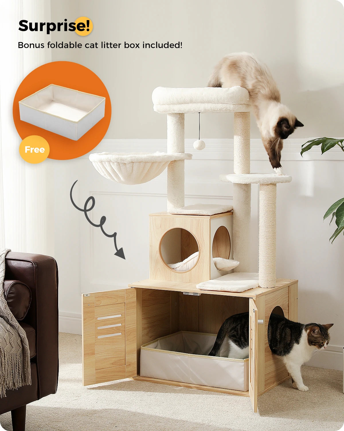 Toy: Multi-Level Cat Tower with Foldable Cat Litter Box Wood Cat Tree with Condo Scratching Post Kitten Bed Cat Accessories Cat Toys