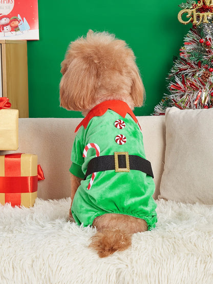 Dog Spirit Cosplay Jumpsuit  Soft Warm  Dog Clothes with Candy Cane  Dog Pajamas Costumes Puppy Dog Cat Apparel  Xmas Cos Party