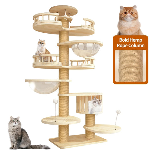 Toy: Multi-Level Ceiling Cat Tree Shelf  Wood Climbing Frame Scratching Post Sisal Pillar Grinding Paws Jumping Platform Perch Tower