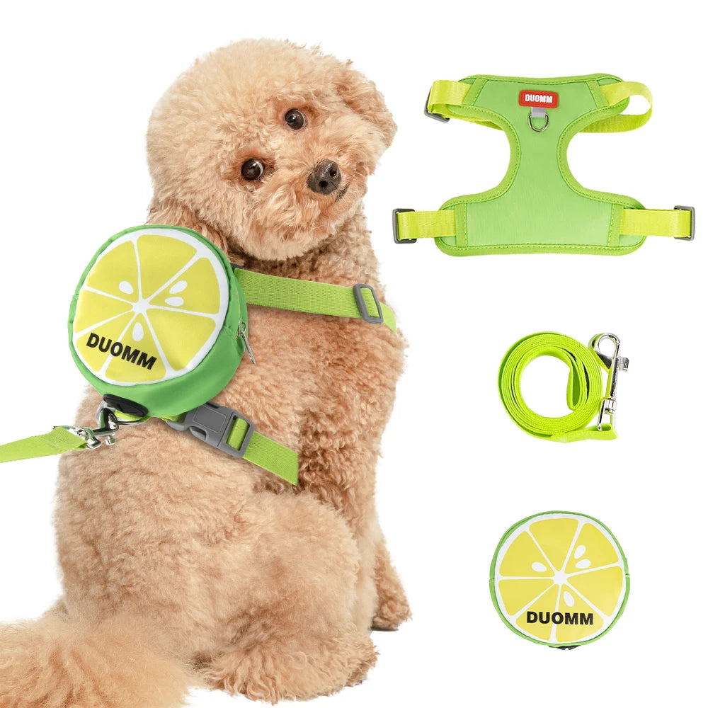 Cute fruit backpack pet chest strap set,anti slip soft breathable pet chest strap traction rope,dog cat pet backpack chest strap