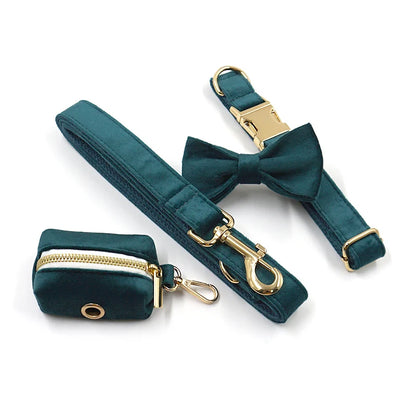 Vintage Emerald Green Dog Harness Personalized Thick Velvet Luxury Dog Collar with Leash Poop Bags Adjustable Bowtie Dog Collar