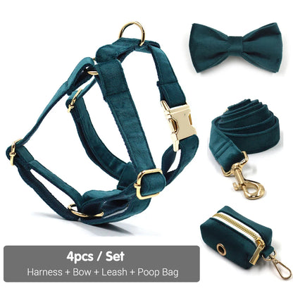 Vintage Emerald Green Dog Harness Personalized Thick Velvet Luxury Dog Collar with Leash Poop Bags Adjustable Bowtie Dog Collar